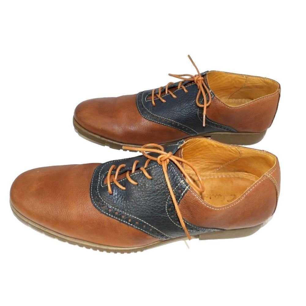 CLARKS brown & black soft leather oxfords shoes flexible soles men's size 10.5 D - Picture 5 of 9
